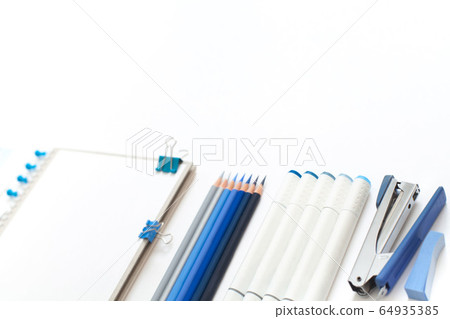 Classic Blue. Color of the Year 2020. Top view of workspace with white notebook, color palette, fabric sample and copy space. Flatlay minimalism. 64935385