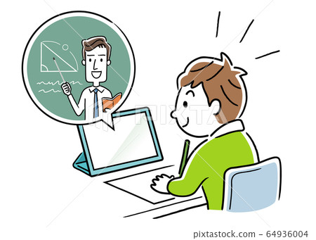 圖庫插圖:一個男孩在家上在線課 圖庫插圖:一個男孩在家上在線課 64936004