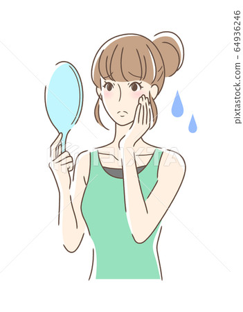 一個女人看著手鏡與不安的表情 一個女人看著手鏡與不安的表情 64936246