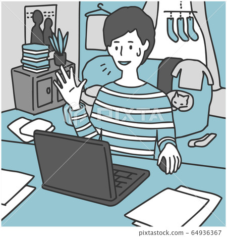 A man working from home in a messy room 64936367