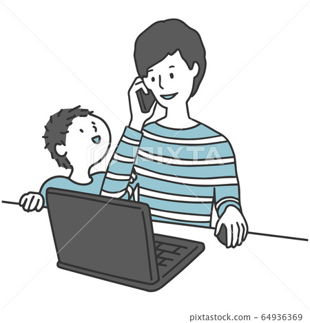 A man raising a child who calls while working from home 64936369