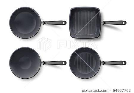 3d empty frying pan set top view, isolated on white. Realistic grill and wok black pan template. Vector illustration 3d empty frying pan set top view, isolated on white. Realistic grill and wok black pan template. Vector illustration 64937762