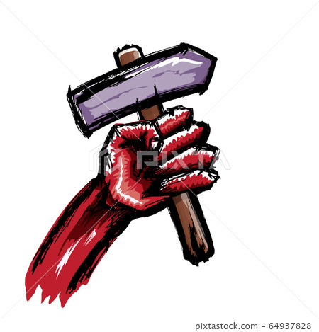 Vector red protest fist holding hammer isolated on white background. 1 may Labor day concept illustration with hand drawn doodle fist with claw hammer 64937828