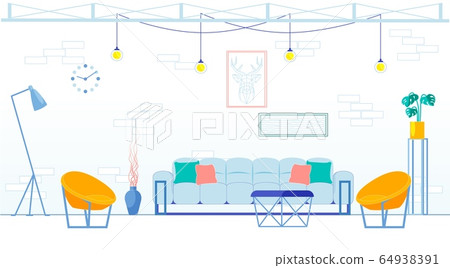 Large Loft Style Living Room with Brick Wall. 64938391