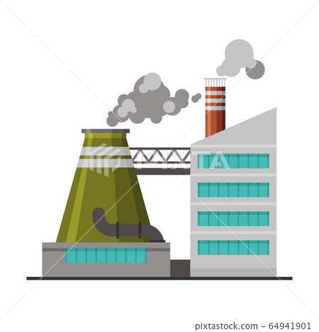 Power Plant, Industrial Factory Building with Smoking Chimneys Flat Vector Illustration Power Plant, Industrial Factory Building with Smoking Chimneys Flat Vector Illustration 64941901