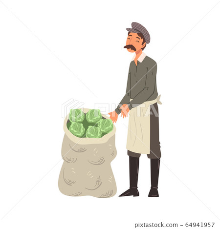 Friendly Male Farmer Selling Fresh Organic Cabbage at Marketplace Vector Illustration 64941957