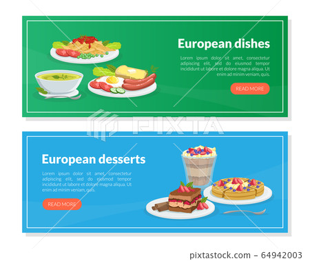 European Dishes and Desserts Landing Page Templates Set, Traditional European Cuisine Homepage, Website Vector Illustration 64942003