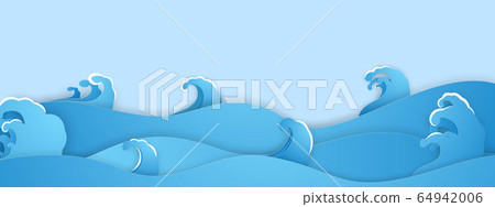 Blue sea waves background. Modern Paper cut 64942006