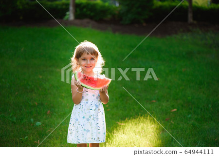 Cute little girl eating watermelon and enjoying picnic 64944111