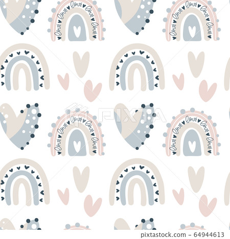 Kids hand drawn seamless pattern with colorful pastel rainbows and hearts. Summer background. Vector illustration star. Print for baby design. Scandinavian style 64944613