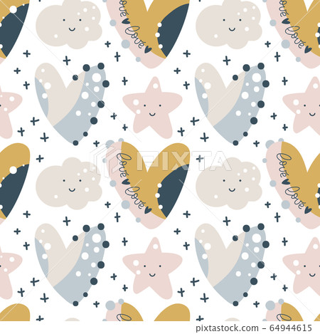 Seamless childish pattern with hand drawn hearts, stars and clouds. Vector creative scandinavian kids texture for fabric, wrapping, textile, wallpaper, apparel 64944615