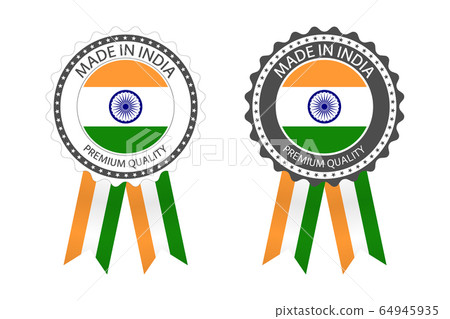 Two modern vector Made in India labels isolated on white background, simple stickers in Indian colors 64945935