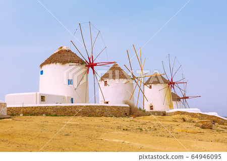 Mykonos island windmills in Greece, Cyclades 64946095