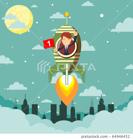 Happy businesswoman in a rocket ship launching to starry sky. Start up business concept. Happy businesswoman in a rocket ship launching to starry sky. Start up business concept. 64946452