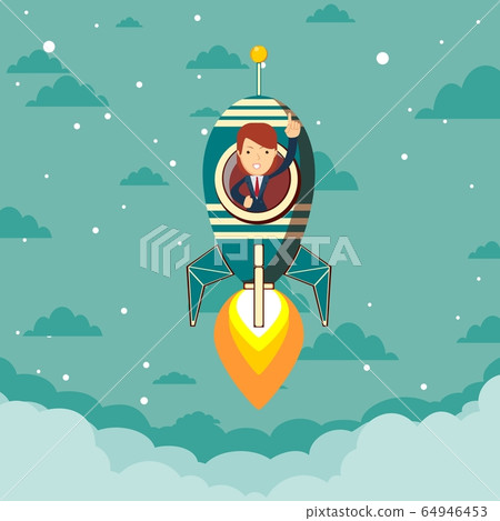 Happy businesswoman in a rocket ship launching to starry sky. Start up business concept. Happy businesswoman in a rocket ship launching to starry sky. Start up business concept. 64946453