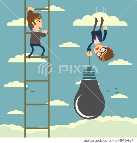 Happy businessman climbing a ladder pass another businessman flying down. Business competition Happy businessman climbing a ladder pass another businessman flying down. Business competition 64946454