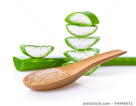 gel aloe vera in wood spoon on white background 64946651
