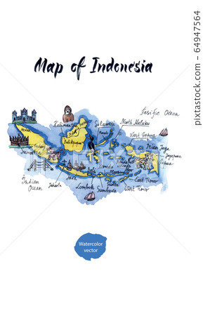 Cartoon map of attractions of indonesia, hand drawn watercolor illustration Cartoon map of attractions of indonesia, hand drawn watercolor illustration 64947564