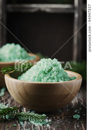 Concept of spa with salt and pine branches Concept of spa with salt and pine branches 64947837