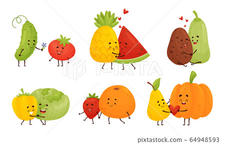 Happy Fruits and Vegetables Falling in Love with Each Other Vector Set 64948593