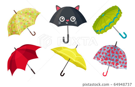 Open Shaped Bright Umbrellas for Rainy Weather Protection Vector Set Open Shaped Bright Umbrellas for Rainy Weather Protection Vector Set 64948737