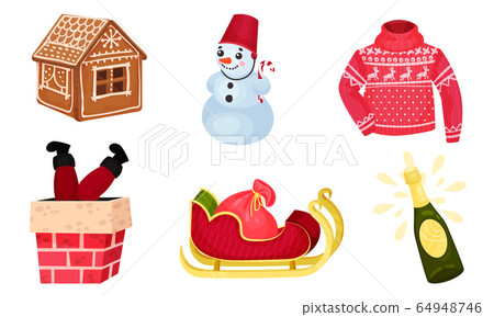 Festive New Year and Christmas Attributes with Gingerbread House and Warm Winter Sweater Vector Set Festive New Year and Christmas Attributes with Gingerbread House and Warm Winter Sweater Vector Set 64948746
