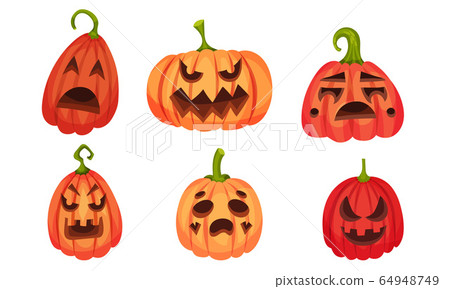 Spooky Pumpkin Smiley Isolated on White Background Vector Set 64948749