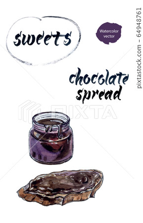 Chocolate spread in glass jar, watercolor hand drawn illustration 64948761