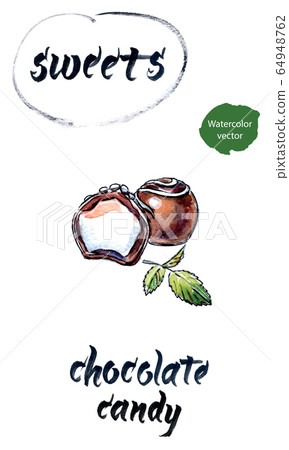 Chocolate candy with leaves of basil, watercolor hand drawn illustration 64948762