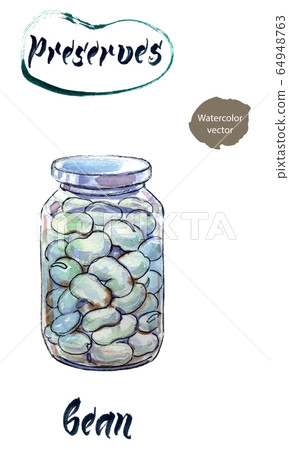 Boiled white kidney beans in glass jar, watercolor hand drawn illustration 64948763