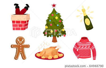 Festive New Year and Christmas Attributes with Gingerbread Man and Decorated Fir Tree Vector Set Festive New Year and Christmas Attributes with Gingerbread Man and Decorated Fir Tree Vector Set 64948790