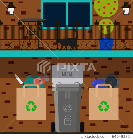 Vector flat illustration of sorting garbage into categories plastic, organic, metal, paper, glass. Trash can with sorted garbage for environmental recycling on the background of a brick house with a 64949283