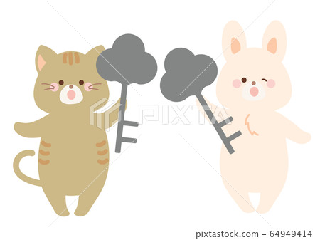 Rabbit and cat holding a key 64949414
