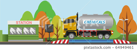 Chemical trucks on the weighing scales on the company side. Access control kiosk with weight display panel and CCTV. Chemical trucks on the weighing scales on the company side. Access control kiosk with weight display panel and CCTV. 64949461