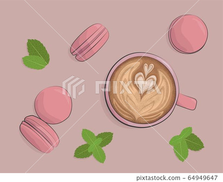 Art Latte and macarons with mint leaves. 64949647