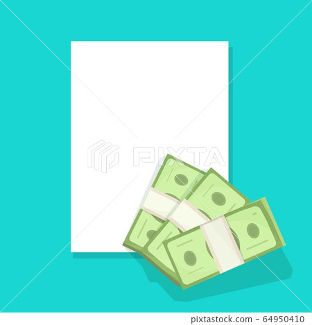 Blank document paper sheet with money cash empty page flat cartoon vector, idea of agreement or contract, financial policy claim or report design Blank document paper sheet with money cash empty page flat cartoon vector, idea of agreement or contract, financial policy claim or report design 64950410