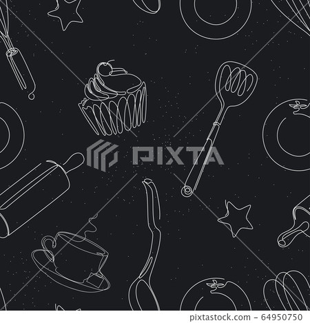 Seamless pattern with cooking utensils. Cupcakes, plates and cups. 64950750