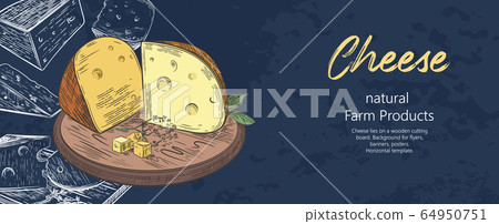 Cheese lies on a wooden cutting board. Different varieties of cheese. Vintage. Cheese lies on a wooden cutting board. Different varieties of cheese. Vintage. 64950751