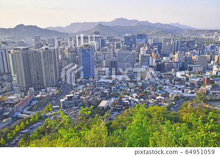 Aerial view of Seoul city from Namsan on a sunny April Aerial view of Seoul city from Namsan on a sunny April 64951059