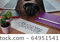home office during the coronavirus pandemic. two laptops, a tablet, pens, headphones are on the kitchen table. work from home. self-isolation 64951541