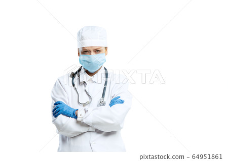 Female young doctor with stethoscope and face mask isolated on white studio background Female young doctor with stethoscope and face mask isolated on white studio background 64951861