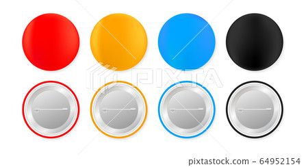 Pin badges. White round blank button. Souvenir magnet badging mockup. Vector stock illustration. 64952154