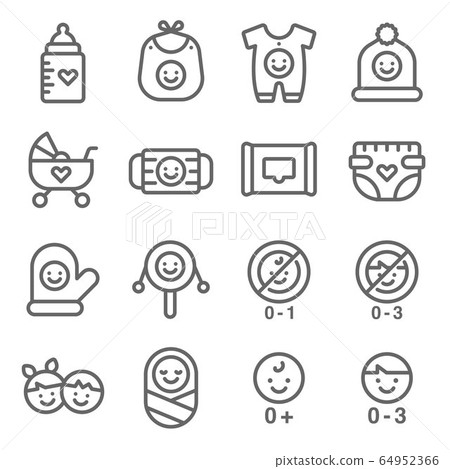 Baby symbol icon set vector illustration. Contains such icon as Baby accessories, Infant, Toy, Stroller, Diapers, pyjamas and more. Expanded Stroke 64952366