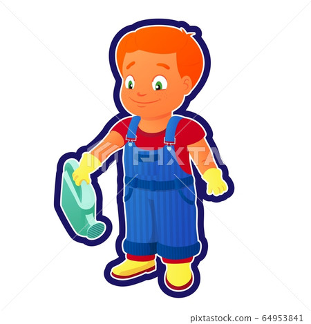 Smiling boy in a denim overall holds watering can Smiling boy in a denim overall holds watering can 64953841