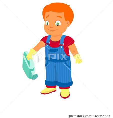 Smiling boy in a denim overall holds watering can Smiling boy in a denim overall holds watering can 64953843