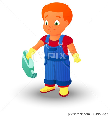 Smiling boy in a denim overall holds watering can Smiling boy in a denim overall holds watering can 64953844