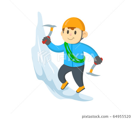 Mountaineer climbing up the ice rock, cartoon character. Flat vector illustration, isolated on white background. 64955520
