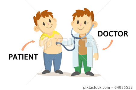 Words PATIENT and DOCTOR textcard with text cartoon characters. Opposite nouns explanation card. Flat vector illustration, isolated on white background. 64955532