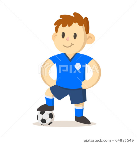 Smiling young football player with his foot on football. Cartoon character. Sport and fitness. Cartoon vector flat illustration. Isolated on white background.