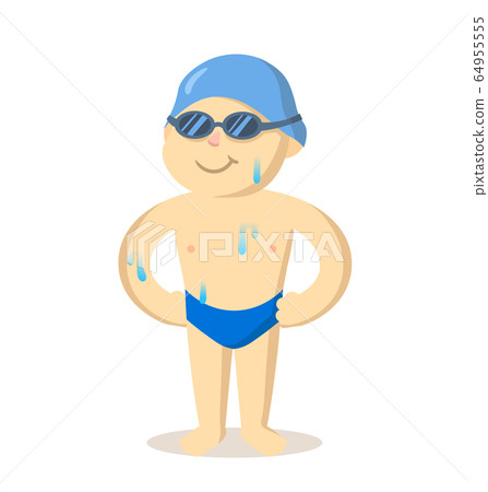 Smiling swimmer in a bathing suit, swimming cap, and goggles. Flat vector illustration, isolated on white background. 64955555